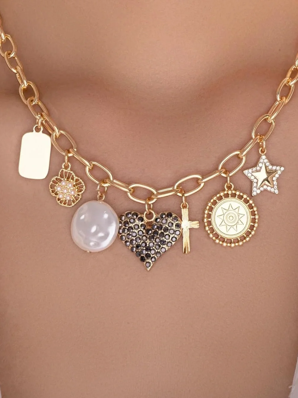 Anthropologie Gold Charm Necklace with Black Heart and Pearl
